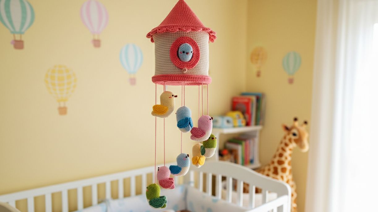 taller móvil amigurumi para tejer un móvil de bebé de una casa de pájaros