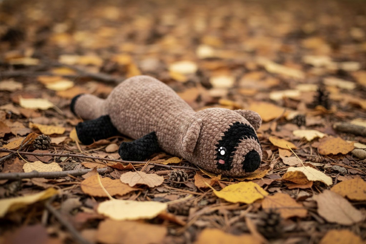 Tono el hurón amigurumi Tono, hurón amigurumi tejido a crochet en tonos marrones con patas negras, tumbado sobre hojas secas de otoño; imagen del patrón gratis de Amigudolls.