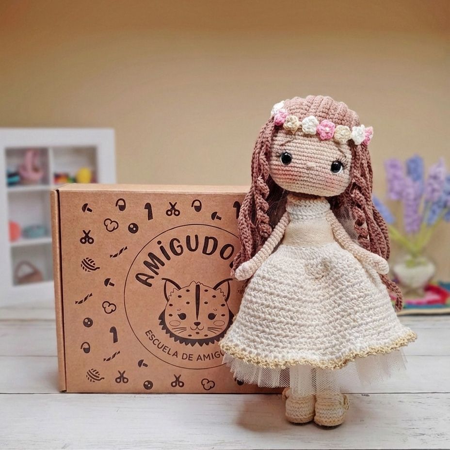 Kit de amigurumi Lara de Comunión con muñeca tejida a ganchillo y caja Amigudolls, diseño delicado para crear una muñeca de comunión paso a paso