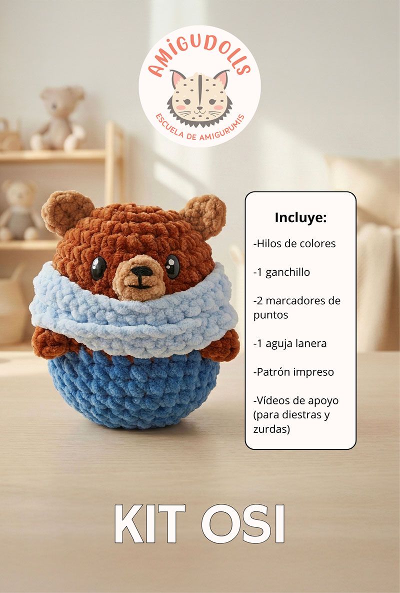 Kit Osi de Amigudolls con listado de materiales incluidos: hilos, ganchillo, relleno, aguja lanera, marcadores de puntos, patrón impreso y vídeos de apoyo.