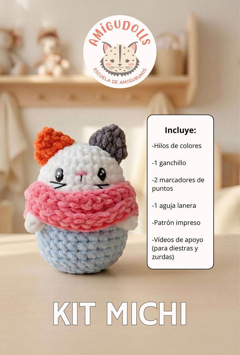 Kit Michi de amigurumi con lista de materiales incluidos: hilos, ganchillo, relleno, aguja lanera, marcadores de puntos, patrón impreso y vídeos de apoyo.