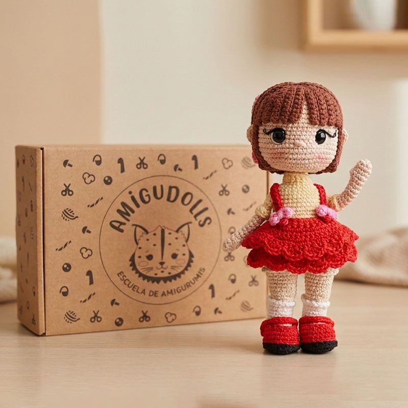 Muñeca amigurumi Mary-Anne tejida a crochet con vestido rojo y detalles rosas, presentada junto a la caja kraft del kit de materiales de Amigudolls sobre fondo cálido y natural.