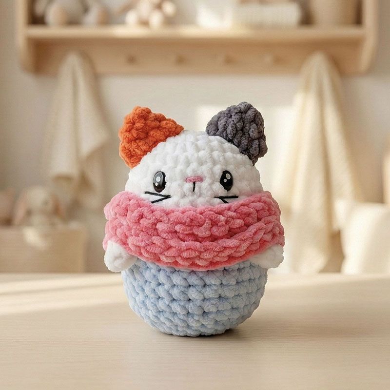 Gatita amigurumi Michi tejida con hilo suave, con bufanda rosa y base azul, sobre fondo cálido de madera.
